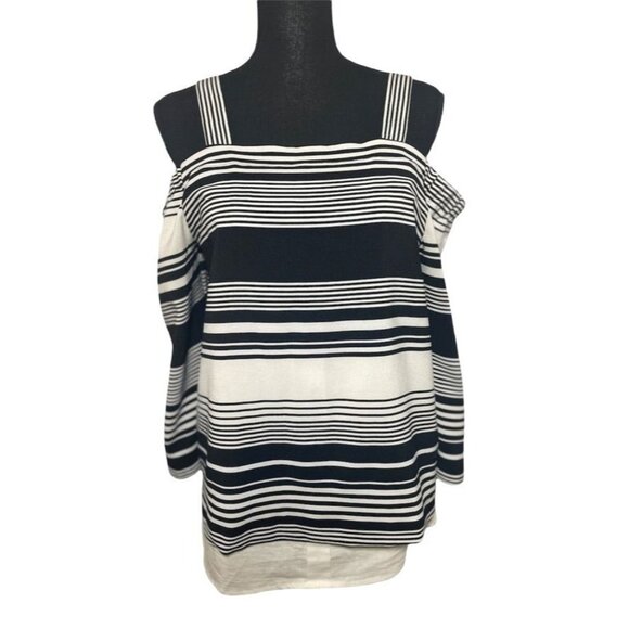 Ny Collection tunic top striped black and white strappy nautical preppy layered - Picture 2 of 7